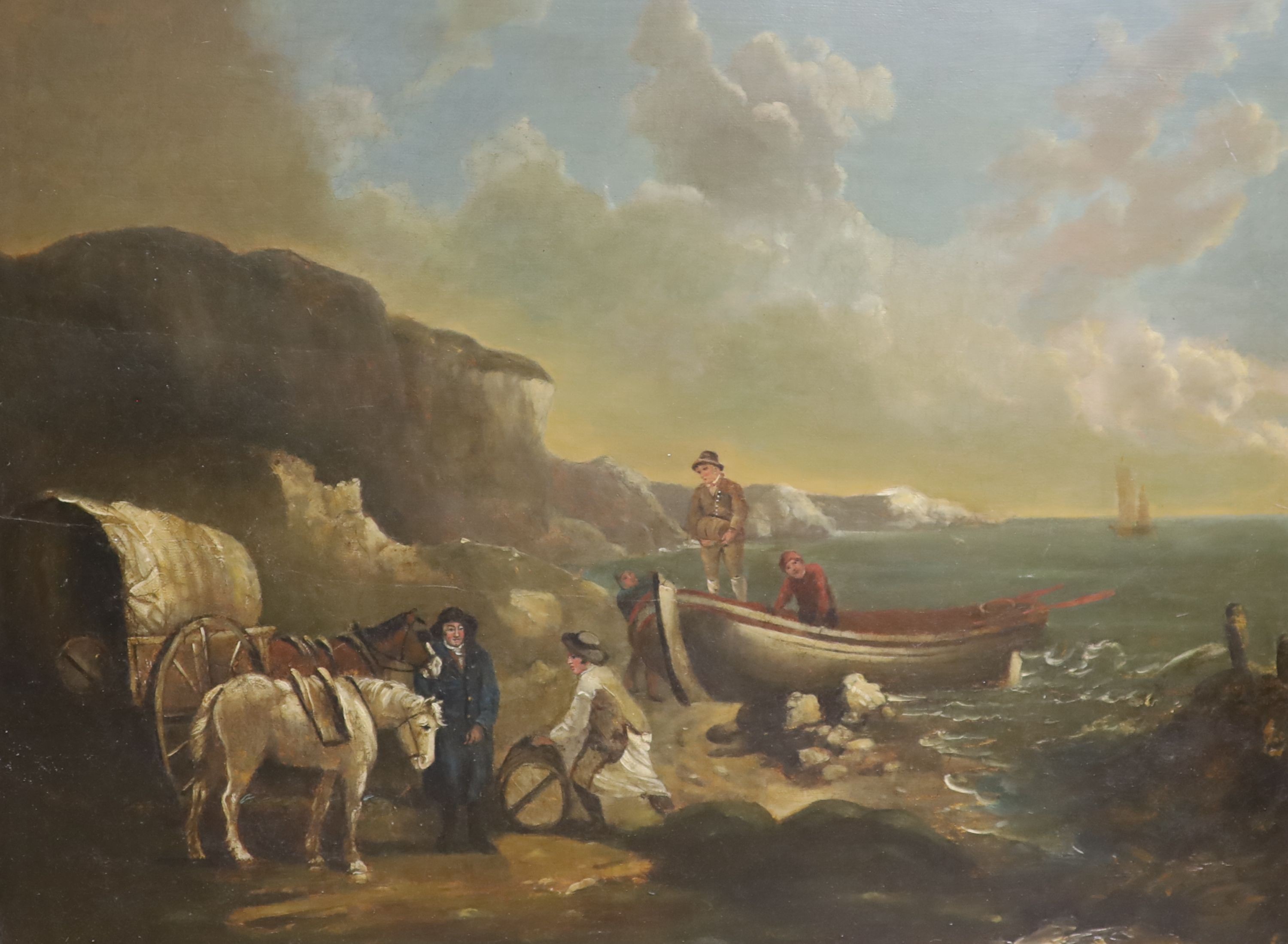 Follower of William Shayer (1811-1892), oil on panel, beach scene with smugglers unloading their haul, 48.5 x 63.5cm